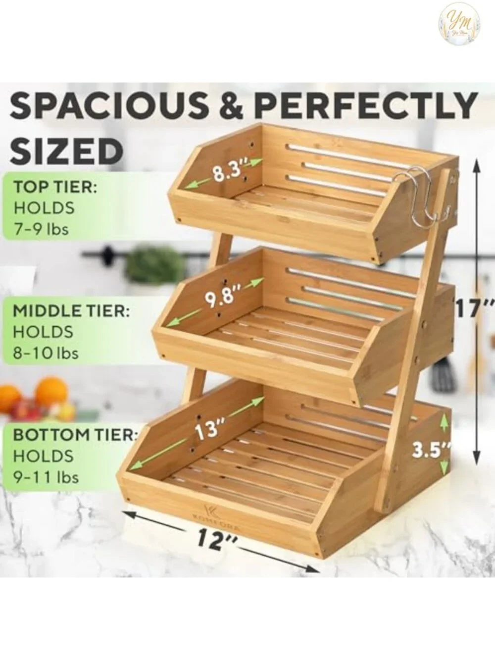3 Tier Bamboo Fruit Basket with Wood Stand, Kitchen Counter Organizer
